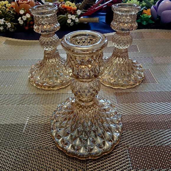 3 Pcs Glass 4" Candlestick Holders,  Clear Diamond Taper Candle Holders In Amber - Picture 1 of 8